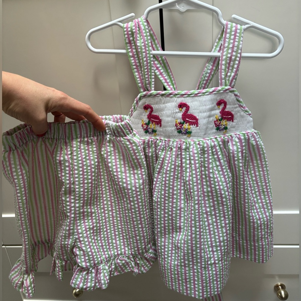 Smocked Pink and Green Striped Flamingo Set